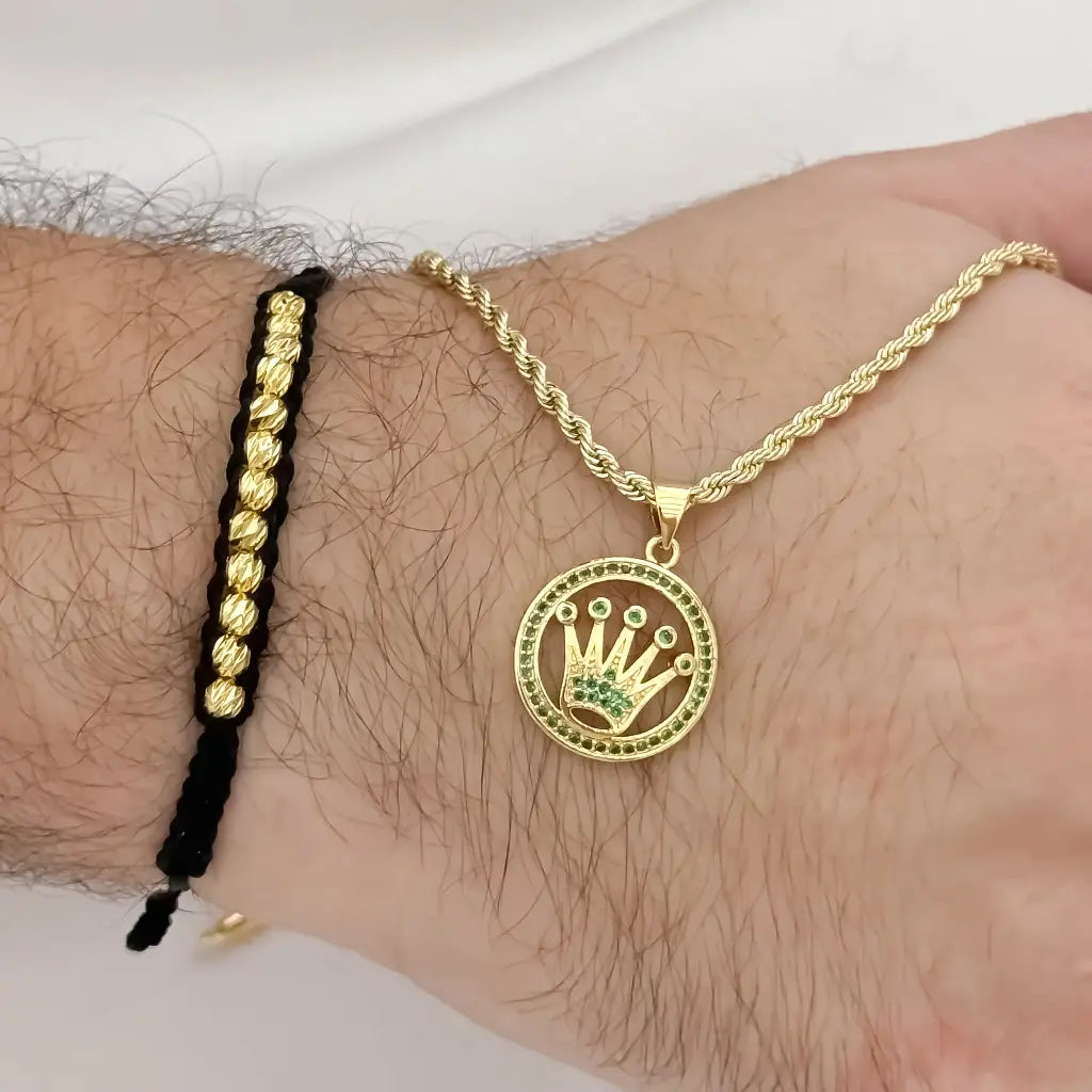 Cadena Hombre Tejido Lazo de 60cm de 3mm de Grosor + Dije de Corona Rolex con Micro circones Cristal Pulsera Balin Italaino de 4mm en Oro Laminado 18k con garantia de por vida