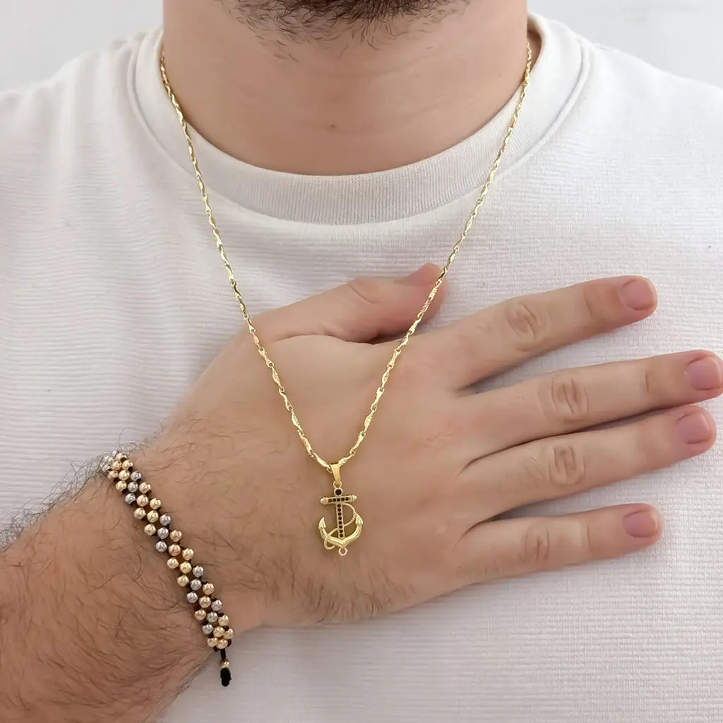 Cadena Tejido Aguja Diamantado de Hombre de 60cm de 2mm de Grosor + Dije de Ancla con Micro Circones negros + Pulsera de 3carriles en 3 OROS de balin 4mm en Oro Laminado 18k con Garantia de por vida