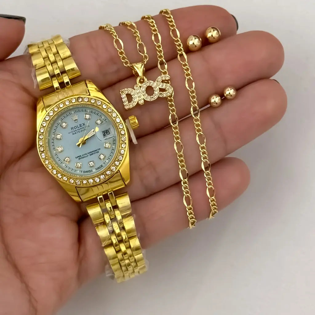 Cadena Tejido Catier de Dama de 45cm de 3mm de Grosor + Dije de Dios Protector + Juego de Topo Balin en 4mm y 5mm en Oro Laminado 18k Incluye un Reloj de Dama Marca Rolex de Alta Calidad con Garantía