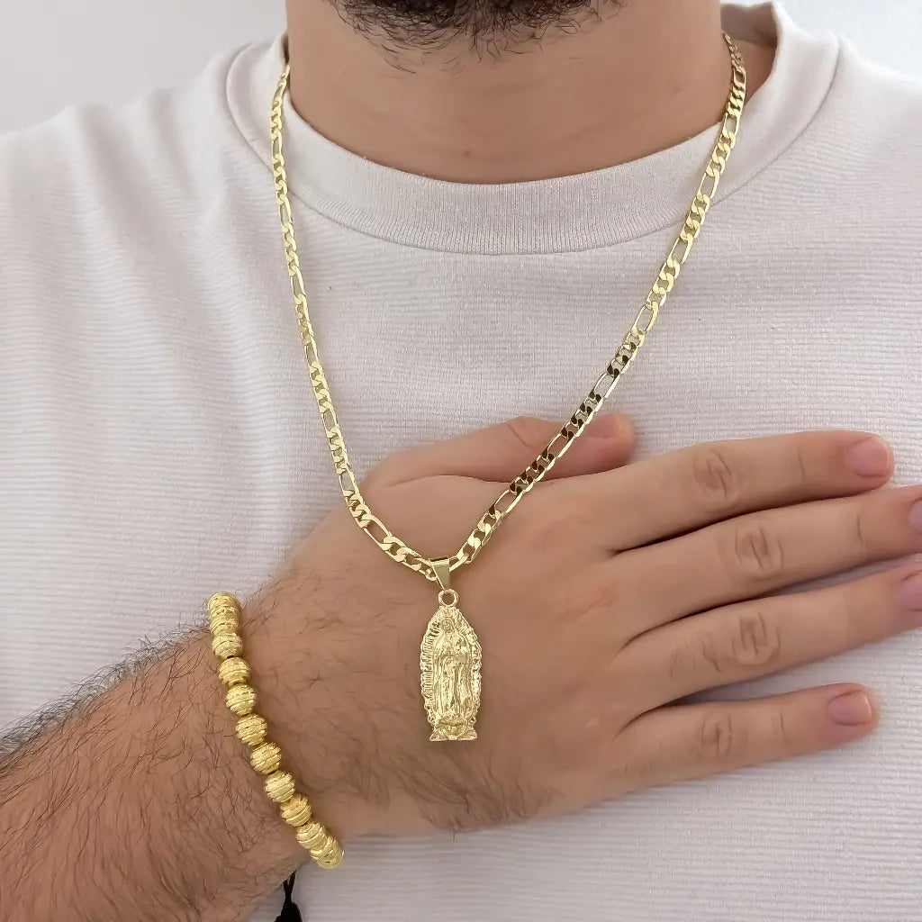 Cadena Tejido Catier Grueso de 60cm de 5mm de Grosor + Dije de Virgen de Guadalupe Tallada + Pulsera Diamanatada de 8mm de Grosor en Oro Laminado 18k con Garantia de por vida