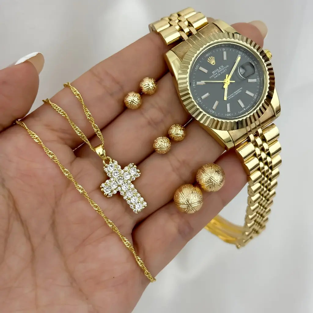 Cadena Singapur de Dama de 45cm de 2mm + Cruz Micro Circones Cristales + Trio Balines Diamantado + Reloj Rolex de Dama en Oro Laminado 18k con Garantia de por vida