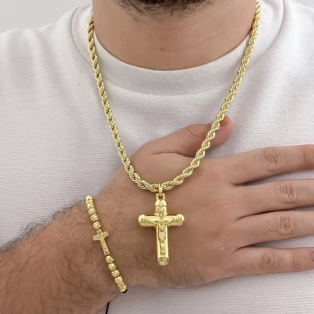 Juego de cadena lazo Gruesa de 60cm de 5mm de Grosor + Cruz Cristo madero grande + Pulsera cruz madero Balin Italiano de 5mm en Oro Laminado 18k con garantia de por vida
