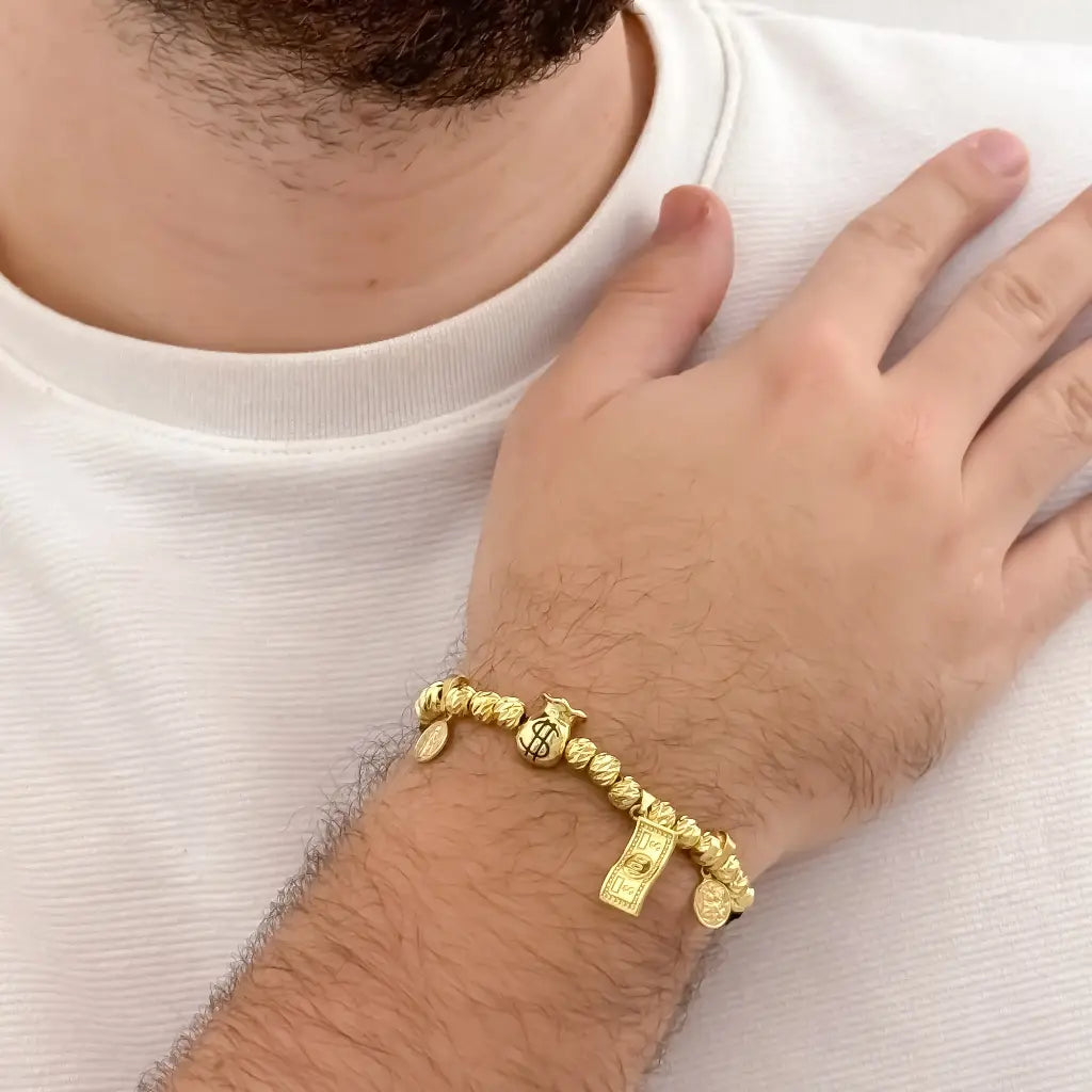 Pulsera de Abundancia y Proteccion de bolsa de Dinero + Billete de Dolar + San Benito + San migule Proteccion en Oro laminado 18k con garantia de por vida
