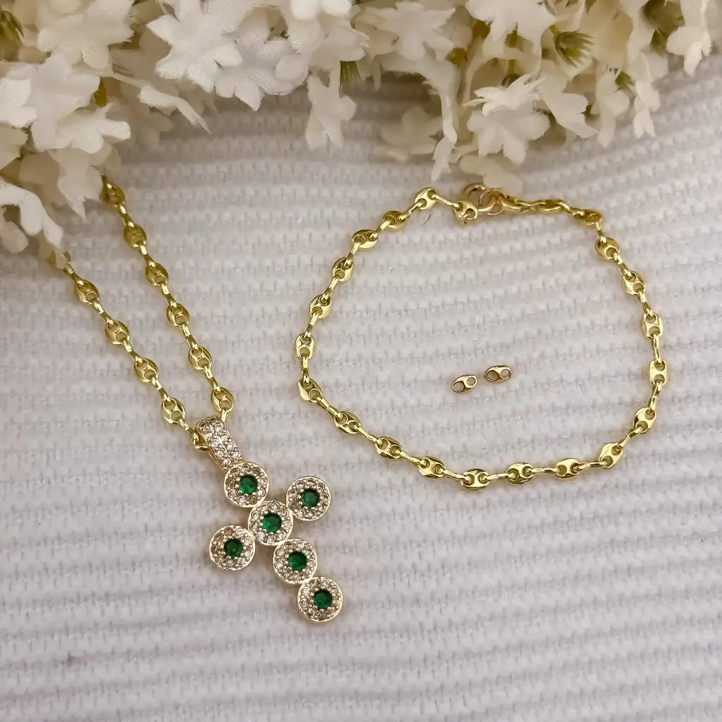 Juego de Cadena Tejido Gucci de Dama de 45cm de 3mm de Grosor + Cruz verde Esmeralda + Topo Gucci + Pulsera Gucci en oro Laminado 18k con Garantia de por vida