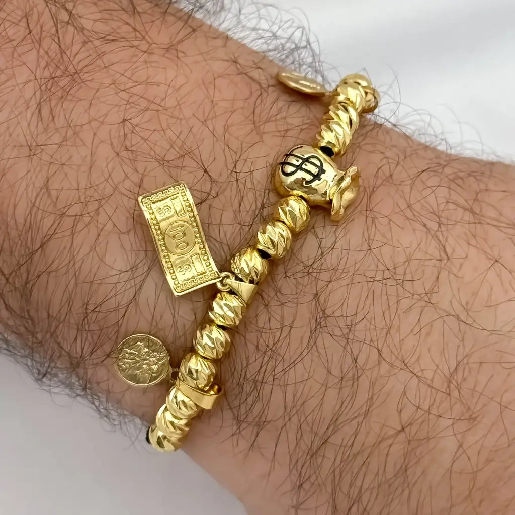 Pulsera de Abundancia y Proteccion de bolsa de Dinero + Billete de Dolar + San Benito + San migule Proteccion en Oro laminado 18k con garantia de por vida