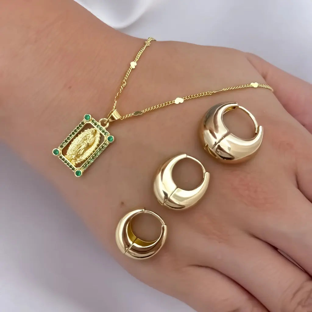 Cadena Tejido Cubana Mini de Dama + Virgen Guadalupe circones Verde + Trio de Candongas pequeñas mediana Grandes en Oro Laminado 18k ocn garantia de por vida