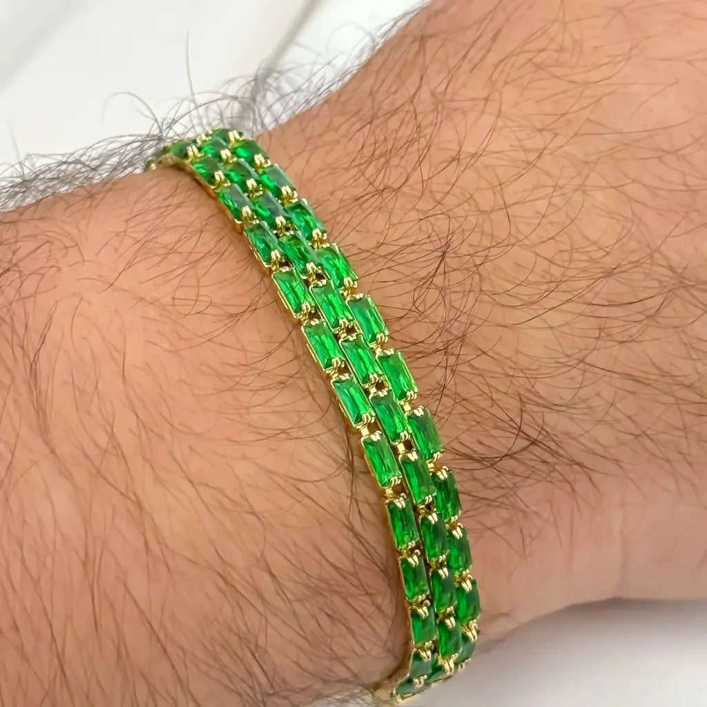 Pulsera Tejido Tennis Verde Esmeralda de 5mm de Grosor en Oro Laminado 18k con Garantia de por vida