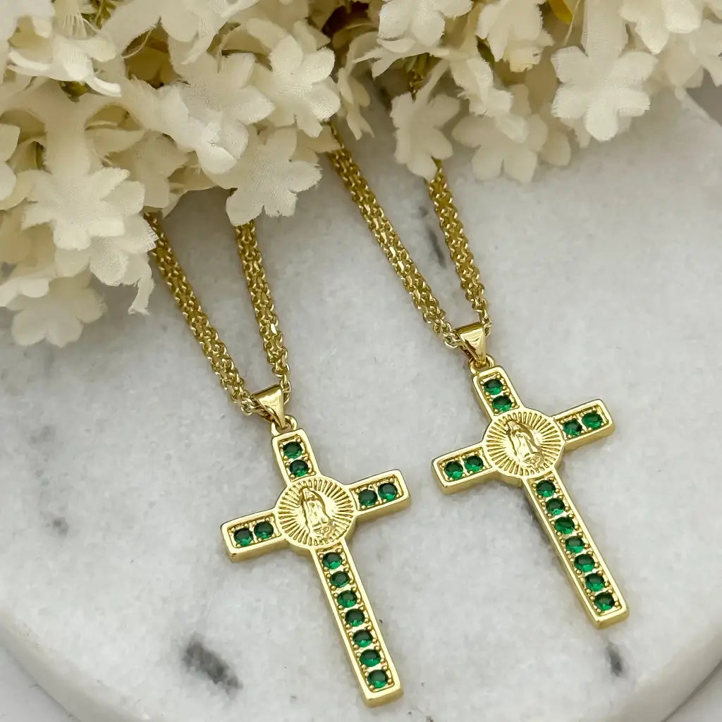 Cadena Tejido Chino para Parejas de Dam de 45cm + Hombre de 60cm con Dije de Virgen guadalupe Proteccion con circones verde Esmeralda en oro lAMINADO 18K con garantia de por vida