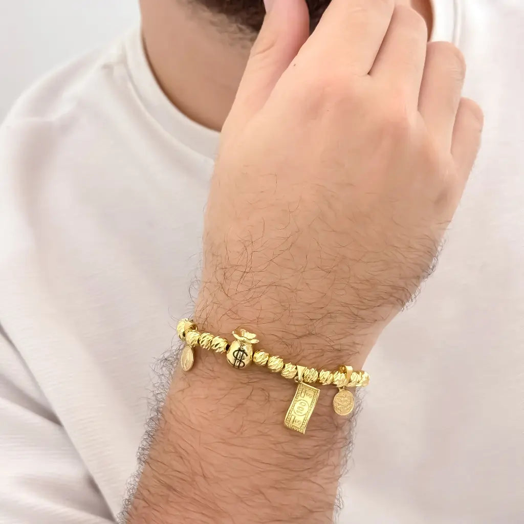 Pulsera de Abundancia y Proteccion de bolsa de Dinero + Billete de Dolar + San Benito + San migule Proteccion en Oro laminado 18k con garantia de por vida