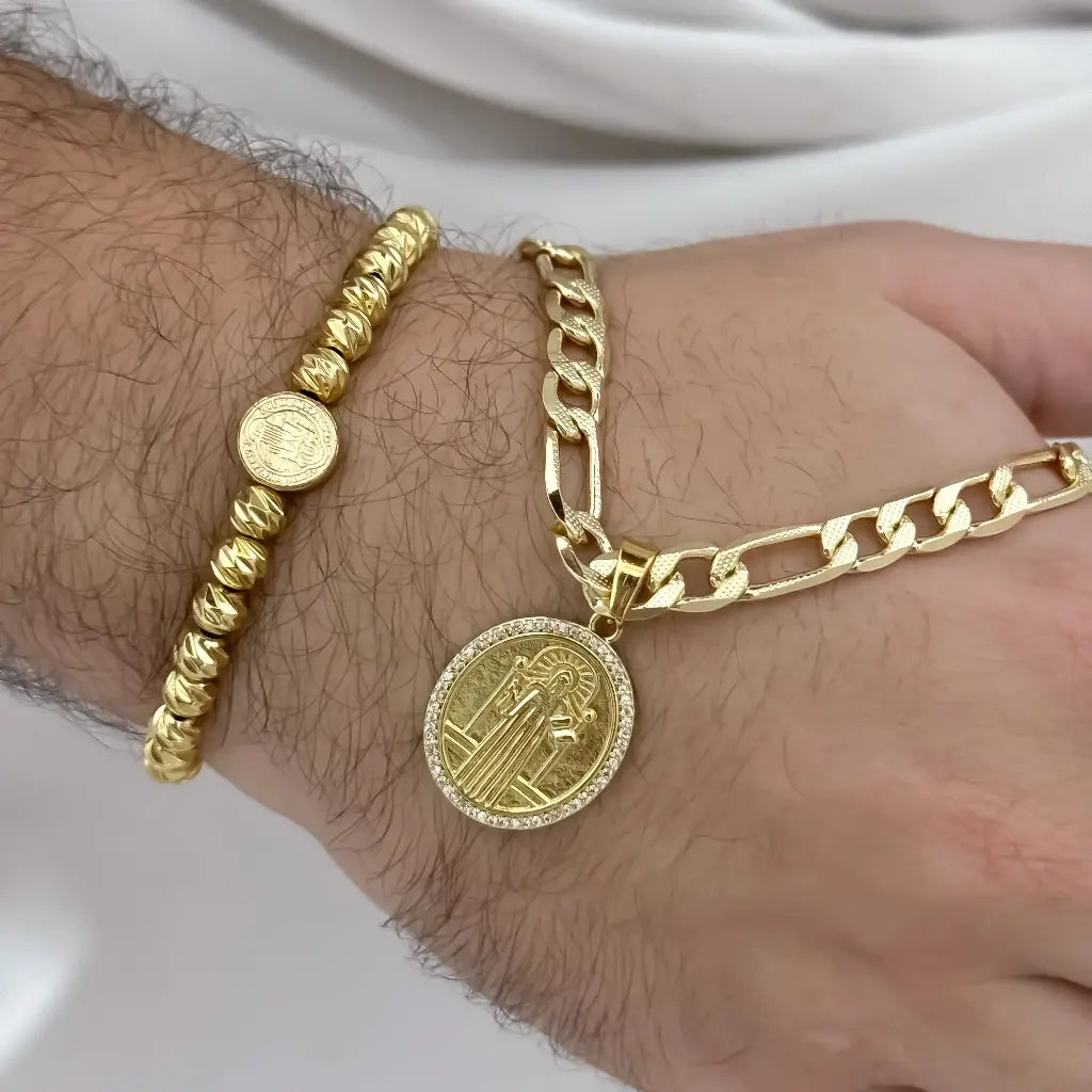 Conjunto de San Benito Proteccion Cadena Tejido Catier de 60cm -5m de grosor + San Benito Proteccion + Pulsera balin Italiano de San benito Proteccion en Oro Laminado 18k con garantia de por vida