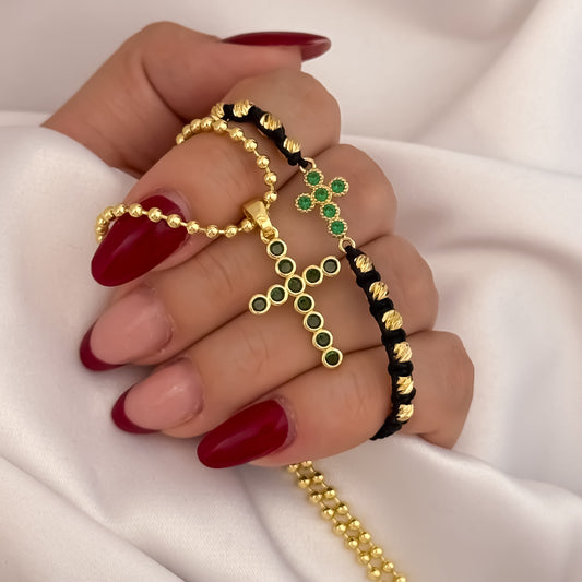 Cadena Tejido Militar de Dama de 45cm de 3mm + Cruz con Micro Circones Verde Esmeralda + Pulsera Cruz Verde Esmeralda en Balin italiano de 4mm en Oro Laminado 18k con Garantía de por vida