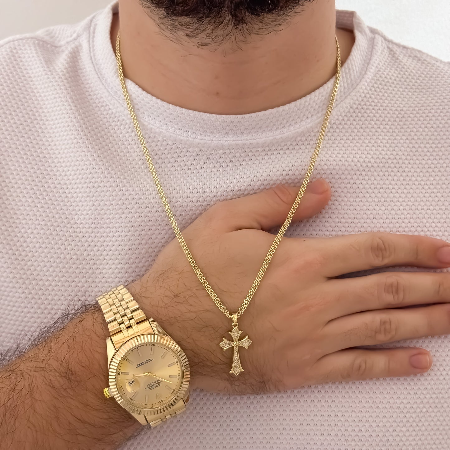 Cadena Tejido Chino de Hombre de 60cm de 3mm + Dije de Cruz con Micro Circones Cristales + en Oro Laminado 18k con Garantia de por vida Reloj Rolex con Garantia