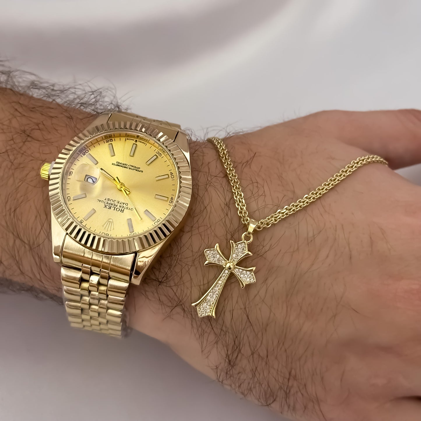 Cadena Tejido Chino de Hombre de 60cm de 3mm + Dije de Cruz con Micro Circones Cristales + en Oro Laminado 18k con Garantia de por vida Reloj Rolex con Garantia