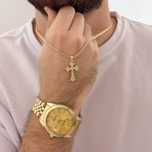 Cadena Tejido Chino de Hombre de 60cm de 3mm + Dije de Cruz con Micro Circones Cristales + en Oro Laminado 18k con Garantia de por vida Reloj Rolex con Garantia