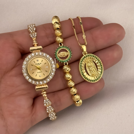 Cadena Tejido Cubana de Dama de 45cm + Virgen de Guadalupe Tallada + Pulseras Virgen de Guadalupe de Colores en Balin Italiano de 6mm + Reloj de Dama Max con Micro circones en Oro Laminado 18k con Garantia de por vida