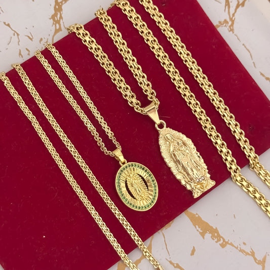 Promocion de Cadenas Para Parejas en Tejido Chino de Dama de 45cm + Hombre de 60cm con Dije de  Virgen de Guadalupe Tallada en Oro Laminado 18k con Garantía de por vida