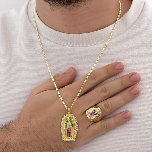 Cadena Tejido Escalera con Destello  de 60cm de 3mm de Grosor + Virgen de Guadalupe de colores + Anillo de Virgen de Guadalupe Tallada en Oro Laminado 18k con Garantia de por vida