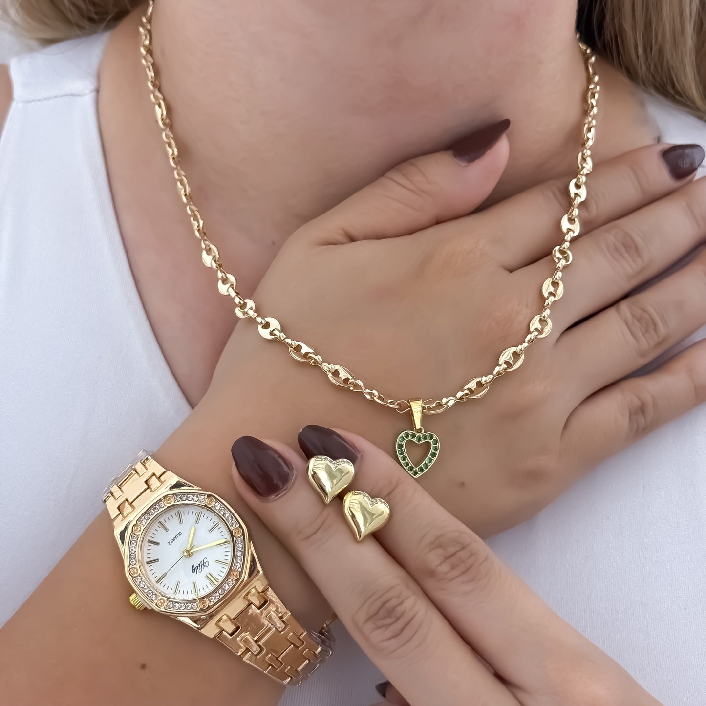 Cadena Tejido Gucci de Dama de 45cm de 4mm de Grosor + Dije de Corazon verde Esmeralda  con micro circones + Topos Corazon Liso + Reloj de Dama Hilfed de Alta Calidad