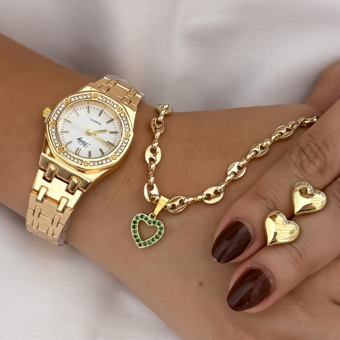 Cadena Tejido Gucci de Dama de 45cm de 4mm de Grosor + Dije de Corazon verde Esmeralda  con micro circones + Topos Corazon Liso + Reloj de Dama Hilfed de Alta Calidad
