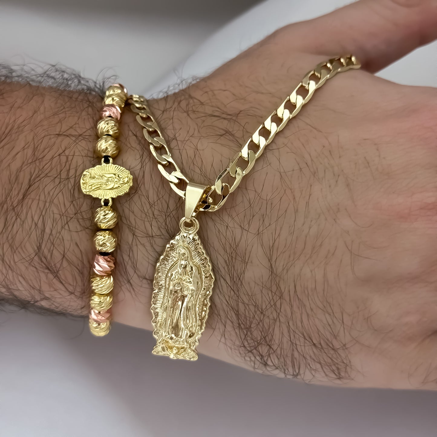 Cadena Cubana de Hombre de 60cm de 5mm + Virgen de Guadalupe Tallada + Pulsera de Virgen en Balin Oro Rosa Diamantado en Oro Laminado 18k