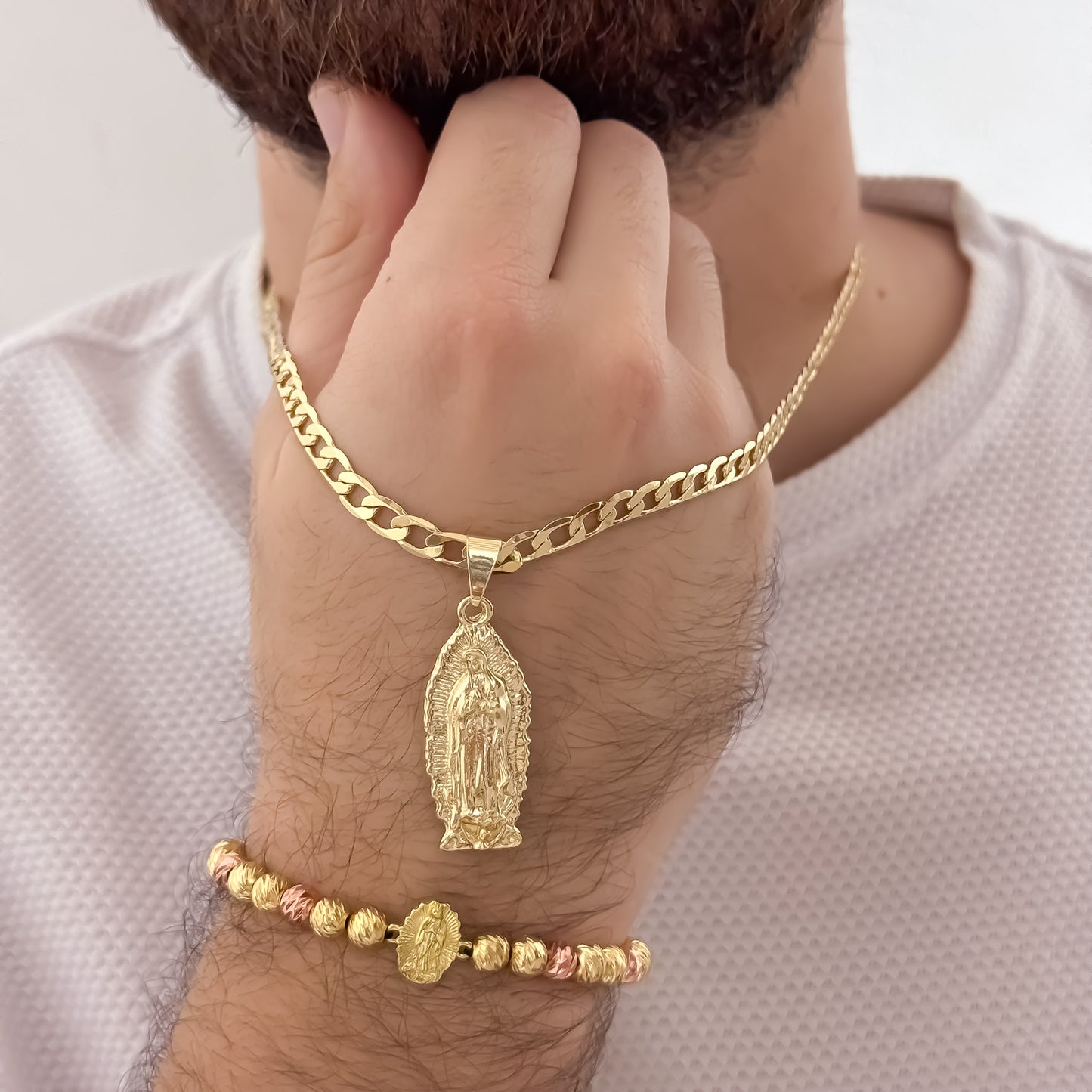 Cadena Cubana de Hombre de 60cm de 5mm + Virgen de Guadalupe Tallada + Pulsera de Virgen en Balin Oro Rosa Diamantado en Oro Laminado 18k