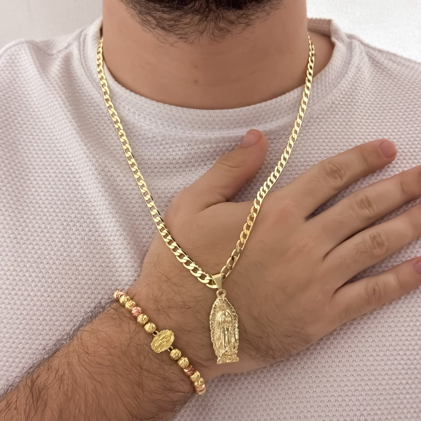 Cadena Cubana de Hombre de 60cm de 5mm + Virgen de Guadalupe Tallada + Pulsera de Virgen en Balin Oro Rosa Diamantado en Oro Laminado 18k