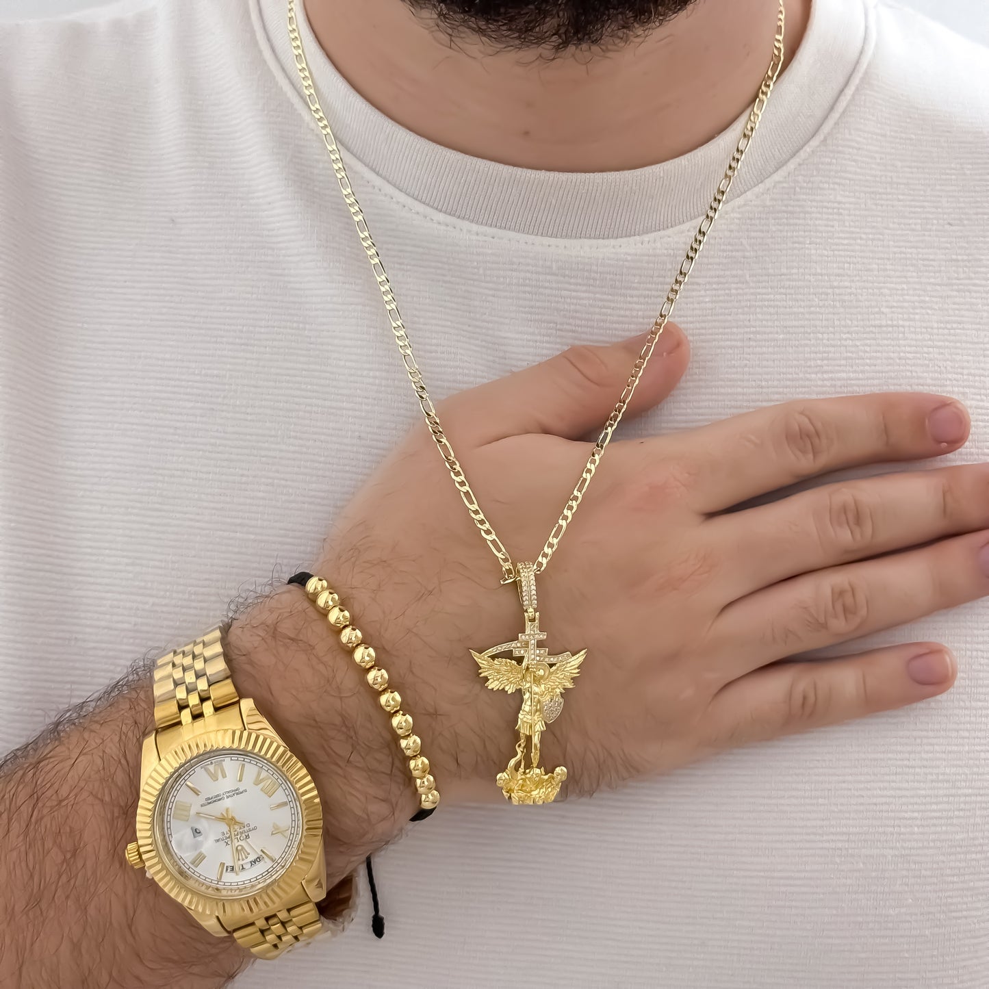 Cadena Tejido Catier de Hombre de 60cm de 3mm de Grosor + San Miguel Arcangel Proteccion + Pulsera Balin Italiano en Oro Laminado 18k  + Reloj Rolex de Hombre de Alta calidad