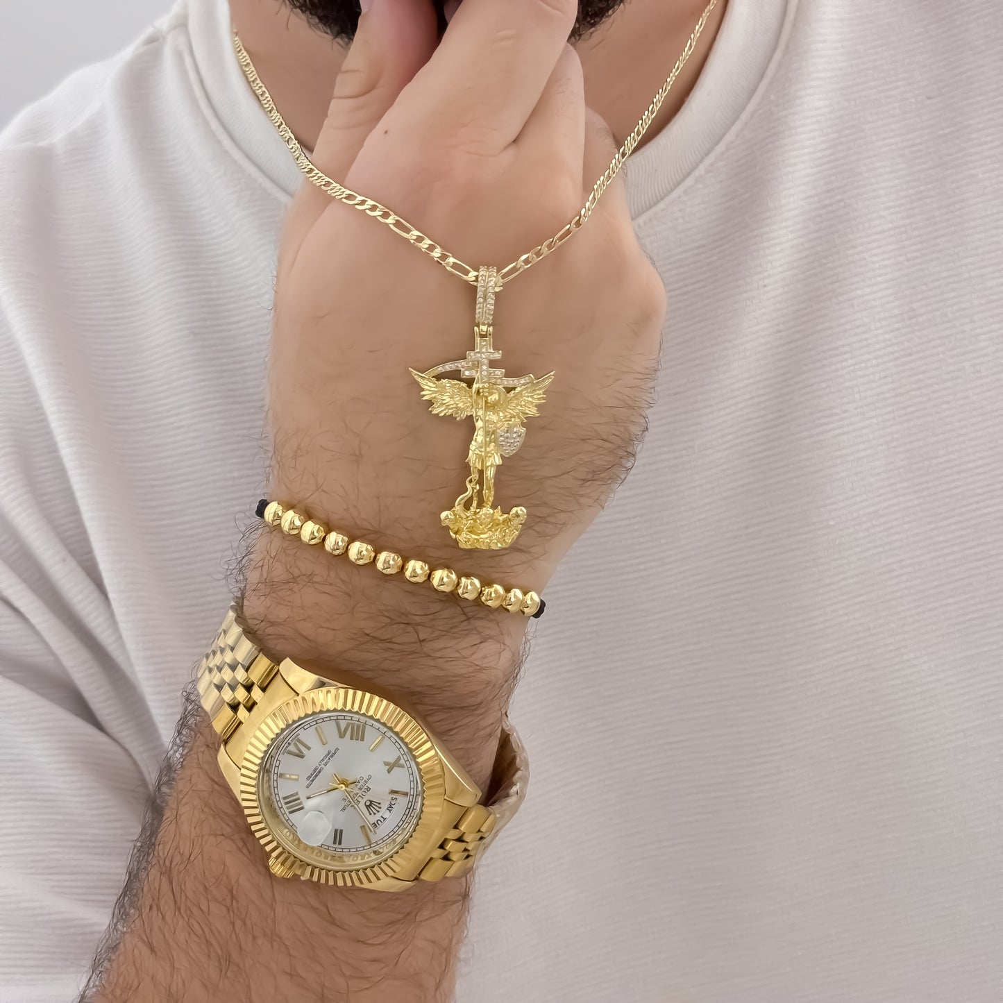 Cadena Tejido Catier de Hombre de 60cm de 3mm de Grosor + San Miguel Arcangel Proteccion + Pulsera Balin Italiano en Oro Laminado 18k  + Reloj Rolex de Hombre de Alta calidad