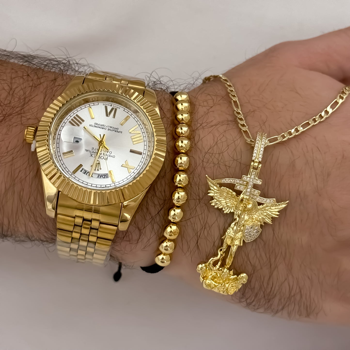 Cadena Tejido Catier de Hombre de 60cm de 3mm de Grosor + San Miguel Arcangel Proteccion + Pulsera Balin Italiano en Oro Laminado 18k  + Reloj Rolex de Hombre de Alta calidad