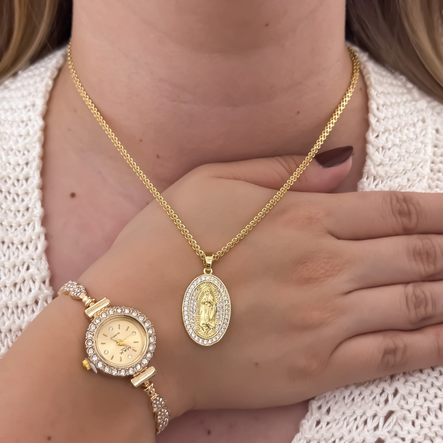 Cadena Tejido Chino de Dama de 45cm de 3mm + Virgen de Guadalupe + Reloj Dama Max con Micro Circones en Oro Laminado 18k con Garantia de por vida