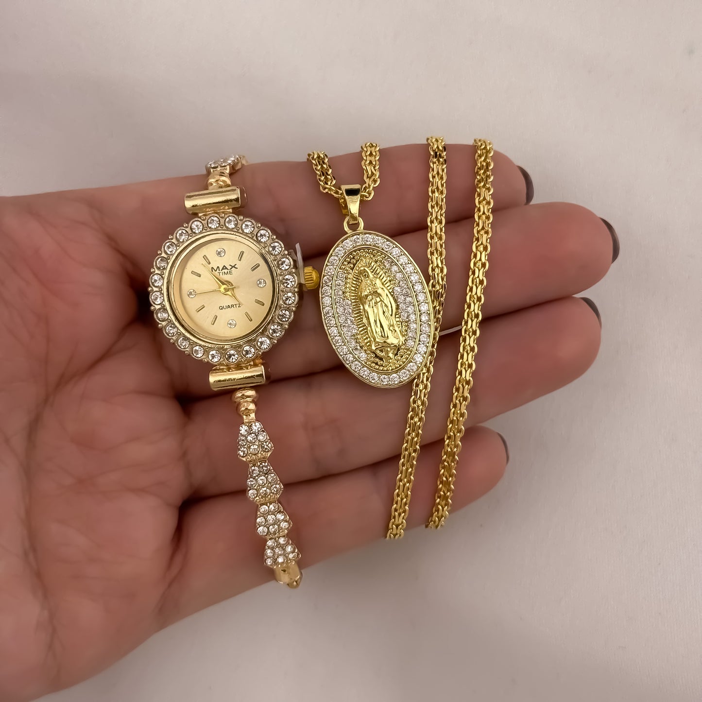 Cadena Tejido Chino de Dama de 45cm de 3mm + Virgen de Guadalupe + Reloj Dama Max con Micro Circones en Oro Laminado 18k con Garantia de por vida