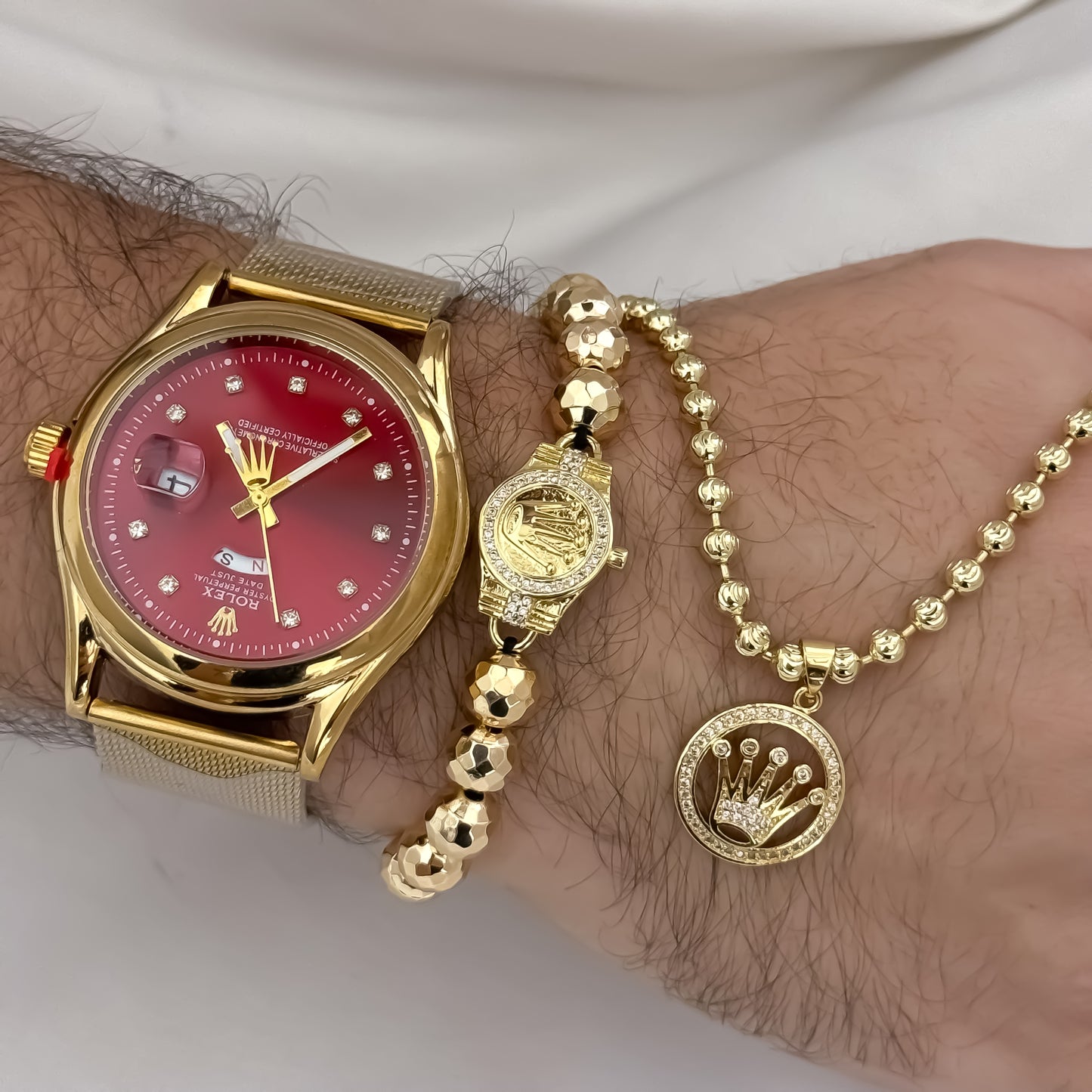 Cadena Tejido Militar de Hombre de 60cm de 4mm de Grosor + Dije de Corona Rolex con Micro circones + Pulsera Rolex con Balin Diamantado + Reloj de Hombre de Alta Calidad