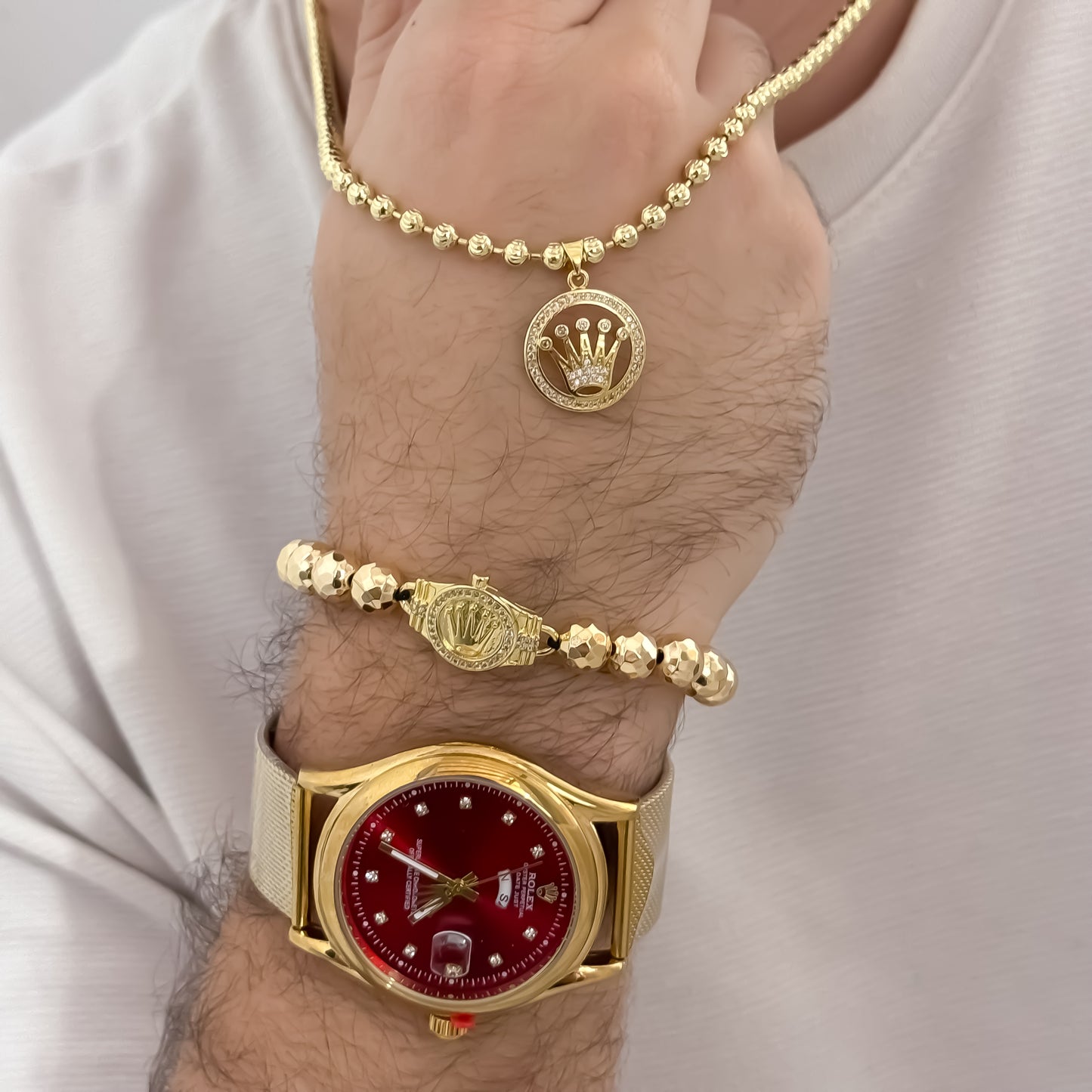 Cadena Tejido Militar de Hombre de 60cm de 4mm de Grosor + Dije de Corona Rolex con Micro circones + Pulsera Rolex con Balin Diamantado + Reloj de Hombre de Alta Calidad