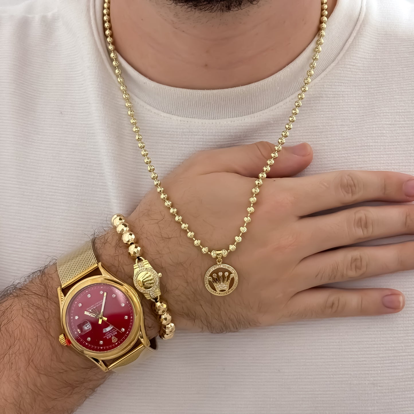 Cadena Tejido Militar de Hombre de 60cm de 4mm de Grosor + Dije de Corona Rolex con Micro circones + Pulsera Rolex con Balin Diamantado + Reloj de Hombre de Alta Calidad