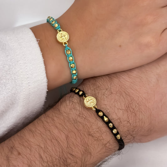 Promocion de 2 Pulseras de San Benito Protección con Balin Italiano de 5mm en Oro Laminado 18k con Garantia de por vida
