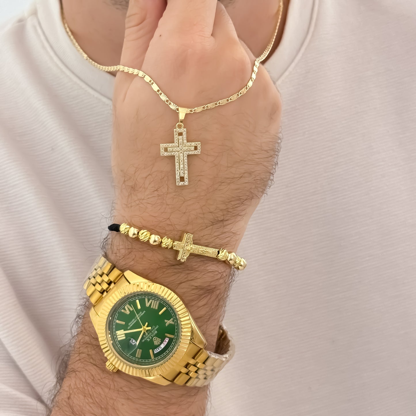 Cadena Tejido Escalera Destello de 60cm de 3mm de Grosor + Cruz Cristo + Pulsera Cristo Madero en Oro Laminado 18k con Garantía de por vida  + Reloj Rolex  de Hombre