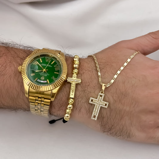 Cadena Tejido Escalera Destello de 60cm de 3mm de Grosor + Cruz Cristo + Pulsera Cristo Madero en Oro Laminado 18k con Garantía de por vida  + Reloj Rolex  de Hombre