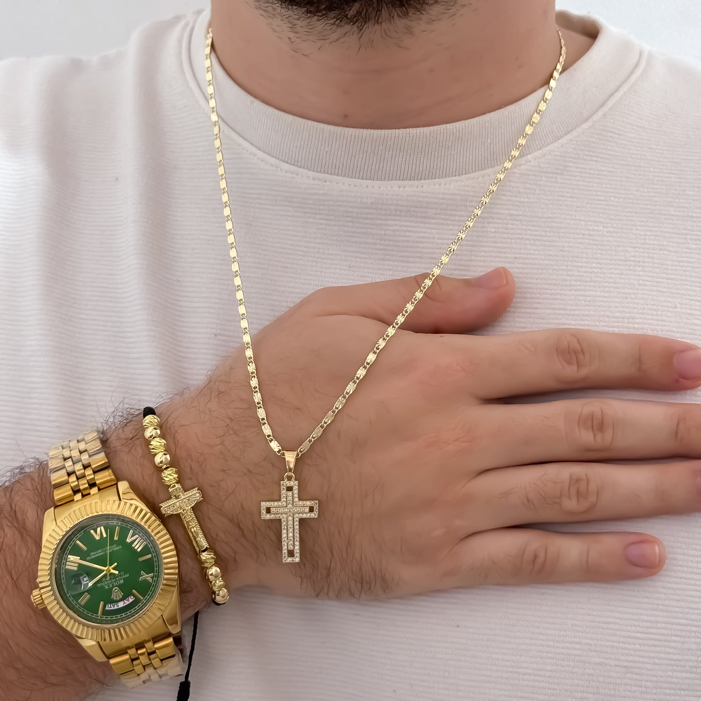 Cadena Tejido Escalera Destello de 60cm de 3mm de Grosor + Cruz Cristo + Pulsera Cristo Madero en Oro Laminado 18k con Garantía de por vida  + Reloj Rolex  de Hombre