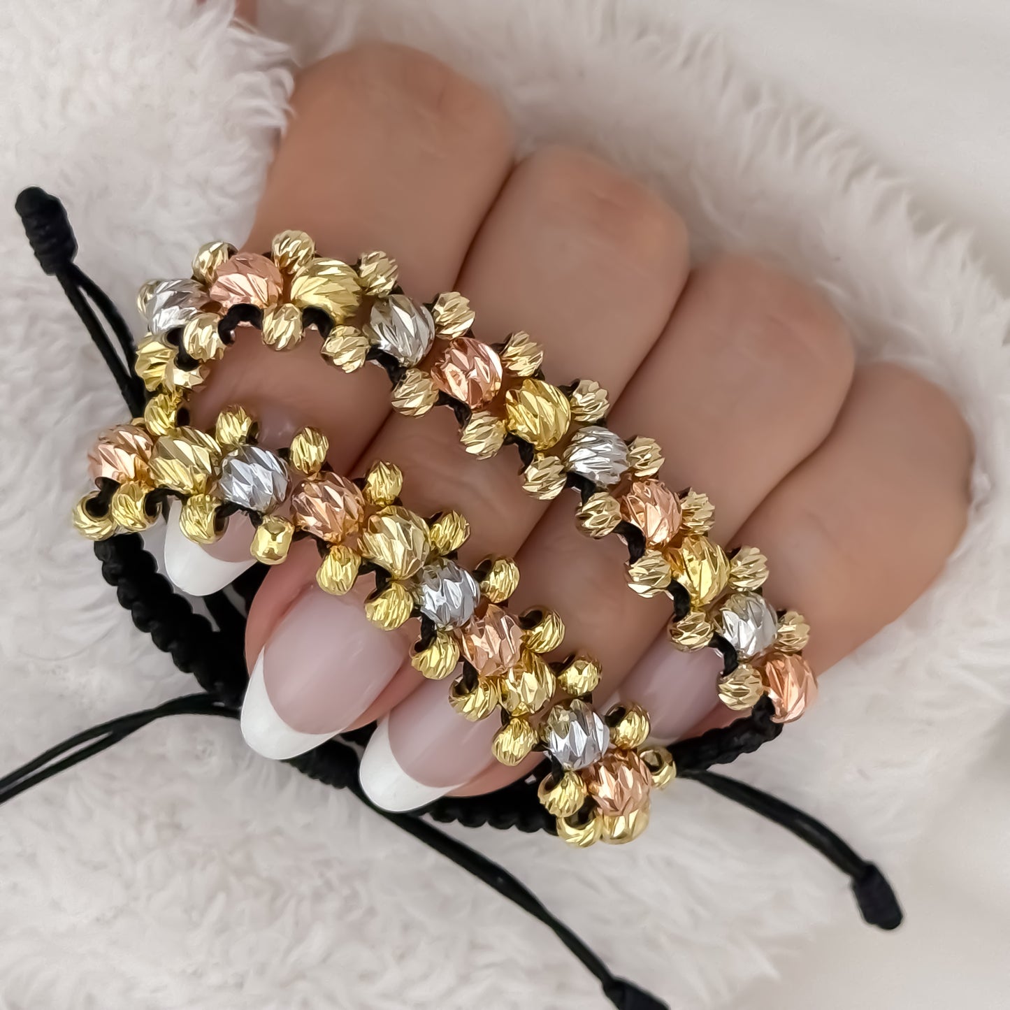Par de Pulseras Para Parejas 3 Caris en Balin italiano de 3 Oros Tipo Oro de 18k su Labrado en Oro Laminado 18k con Garantía  de por vida