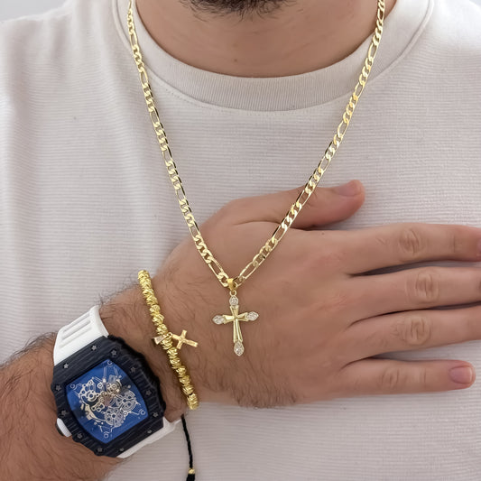 Cadena Tejido Catier de 60cm de 60cm de 3mm de Grosor + Cruz Clavo con micro circones + Pulsera Diamantada con cruz en Oro Laminaod 18k con Garantia de por vida + Reloj de Hombre Richard 1.1 con Garantia