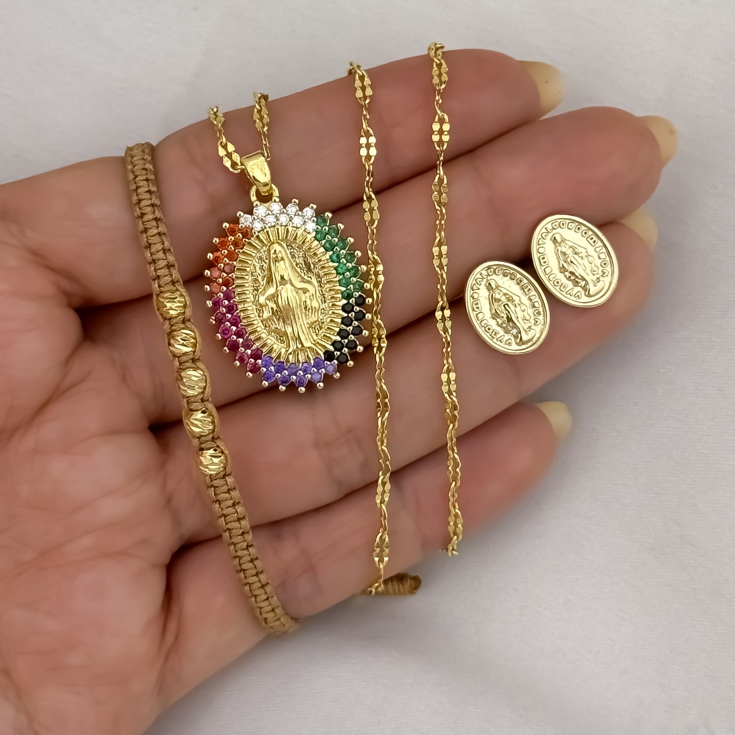Cadena Tejido Crispeta de Dama de 45cm + Virgen Milagrosa + Topo Milagrosa + Pulsera Italiana de Dama en Oro Laminado 18k con Garantia de por vida