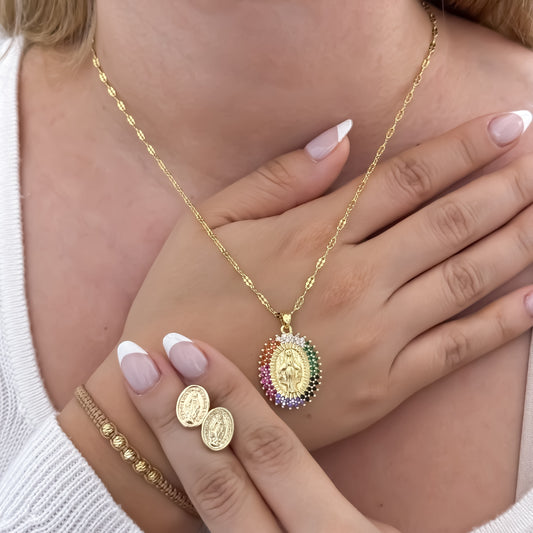 Cadena Tejido Crispeta de Dama de 45cm + Virgen Milagrosa + Topo Milagrosa + Pulsera Italiana de Dama en Oro Laminado 18k con Garantia de por vida