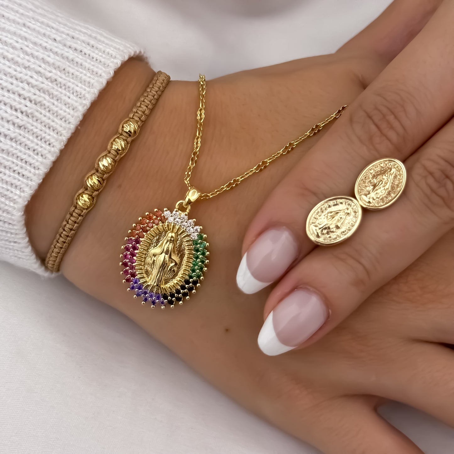 Cadena Tejido Crispeta de Dama de 45cm + Virgen Milagrosa + Topo Milagrosa + Pulsera Italiana de Dama en Oro Laminado 18k con Garantia de por vida