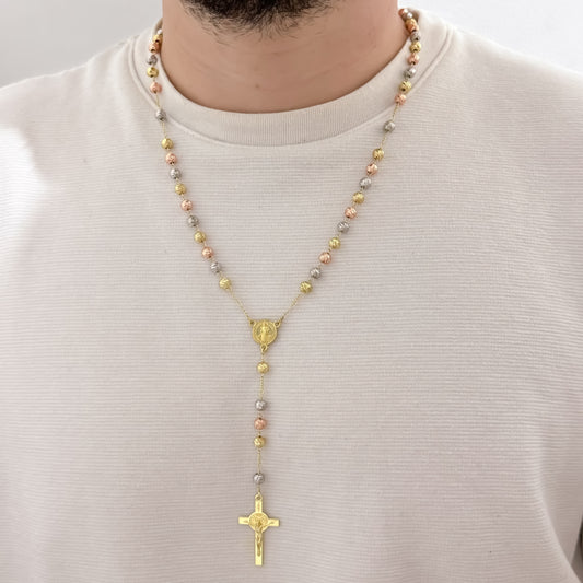 Camándula de San Benito Protección de 60cm de 5mm Balin italiano  de 3 Oros en Oro Laminado18k con Garantia de por vida