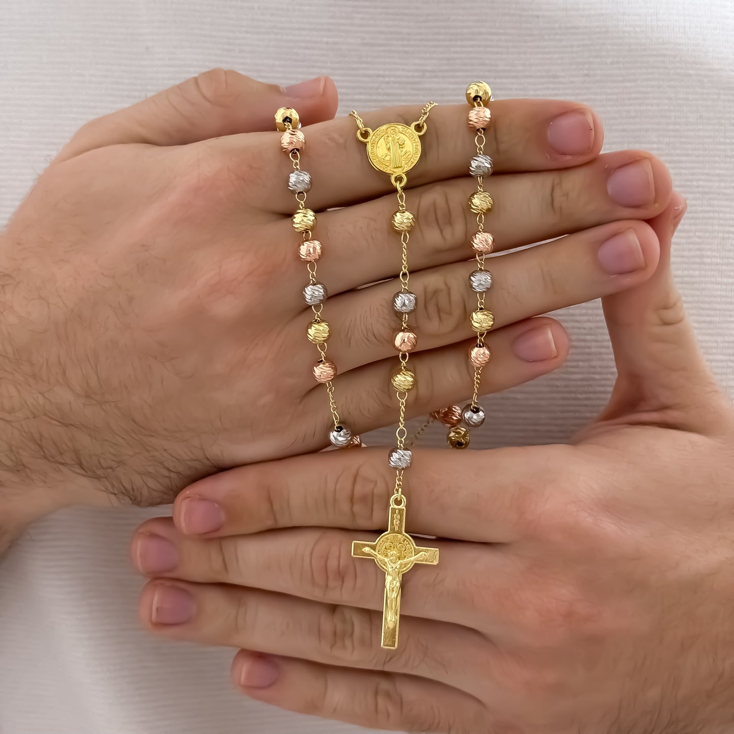 Camándula de San Benito Protección de 60cm de 5mm Balin italiano  de 3 Oros en Oro Laminado18k con Garantia de por vida