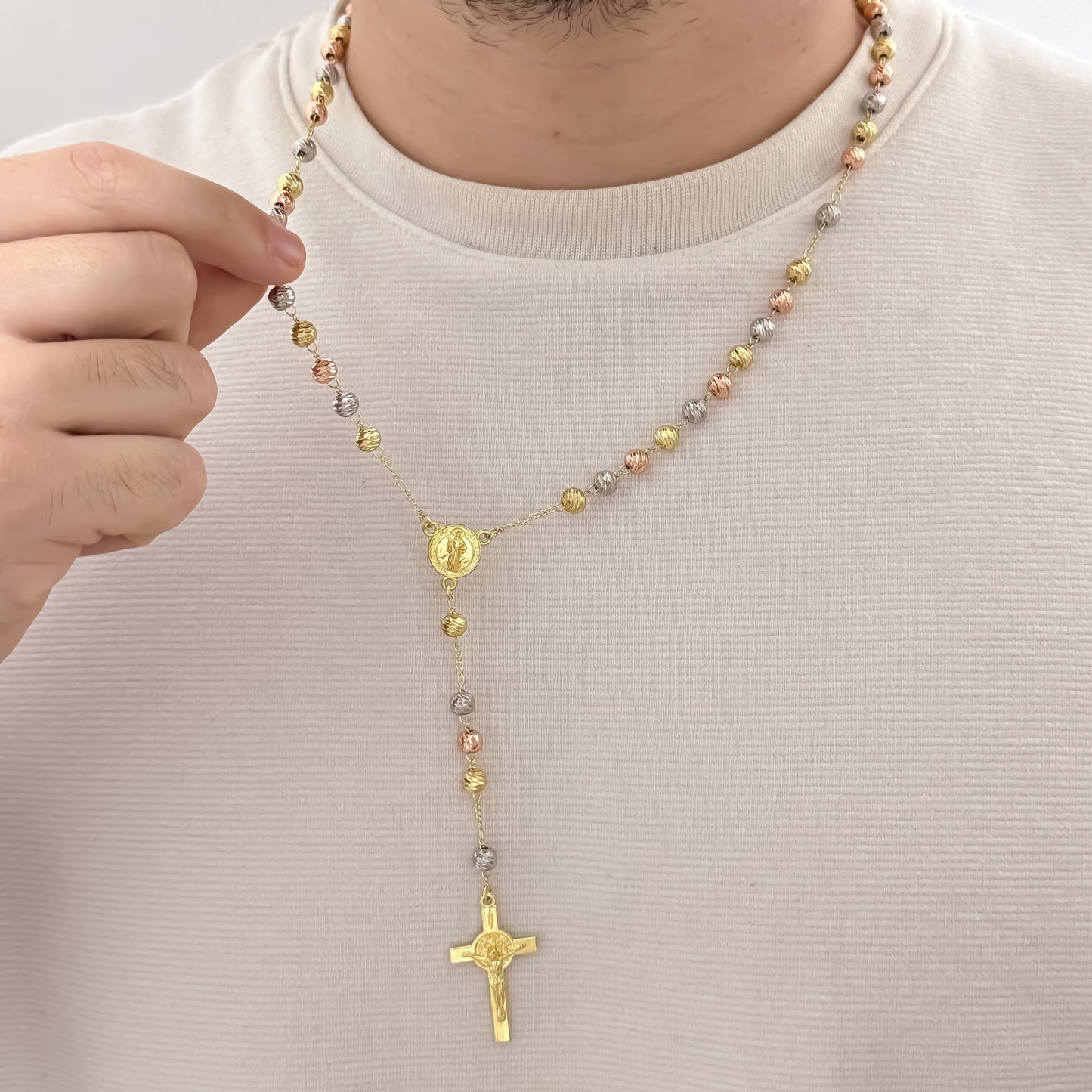 Camándula de San Benito Protección de 60cm de 5mm Balin italiano  de 3 Oros en Oro Laminado18k con Garantia de por vida