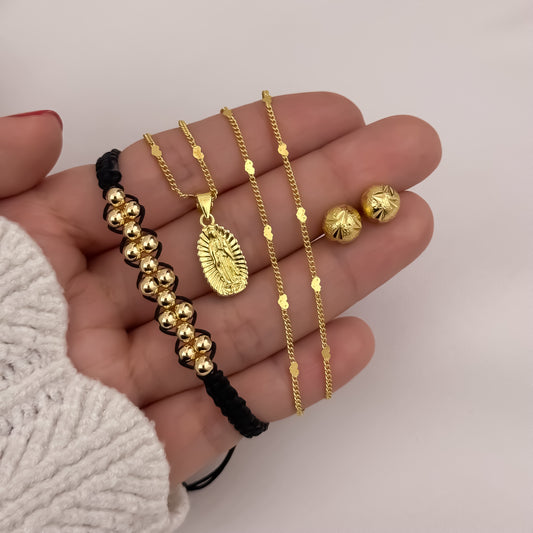 Cadena Tejido Cubana de Dama de 45cm + Virgen de Guadalupe Tallada + Pulsera Balin de 4mm en Oro Laminado 18k con Garantia de por vida