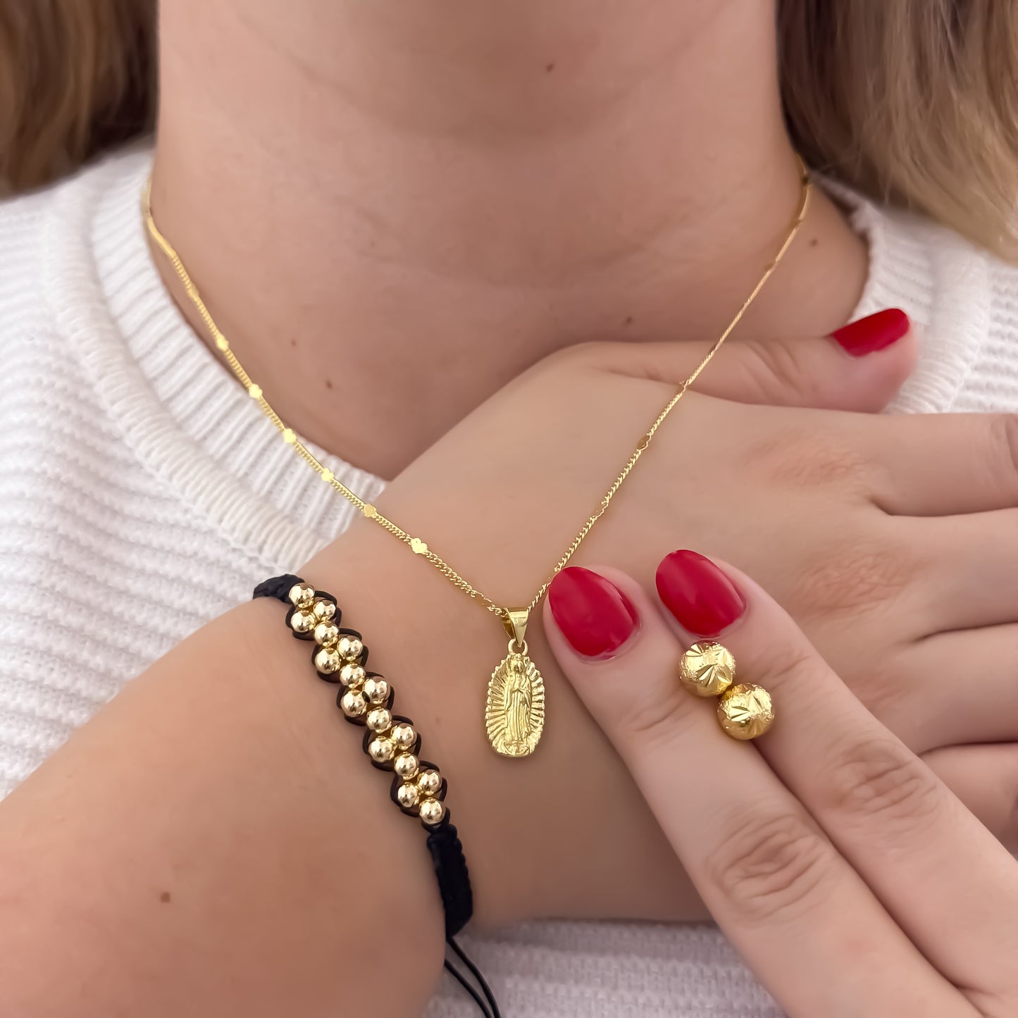 Cadena Tejido Cubana de Dama de 45cm + Virgen de Guadalupe Tallada + Pulsera Balin de 4mm en Oro Laminado 18k con Garantia de por vida