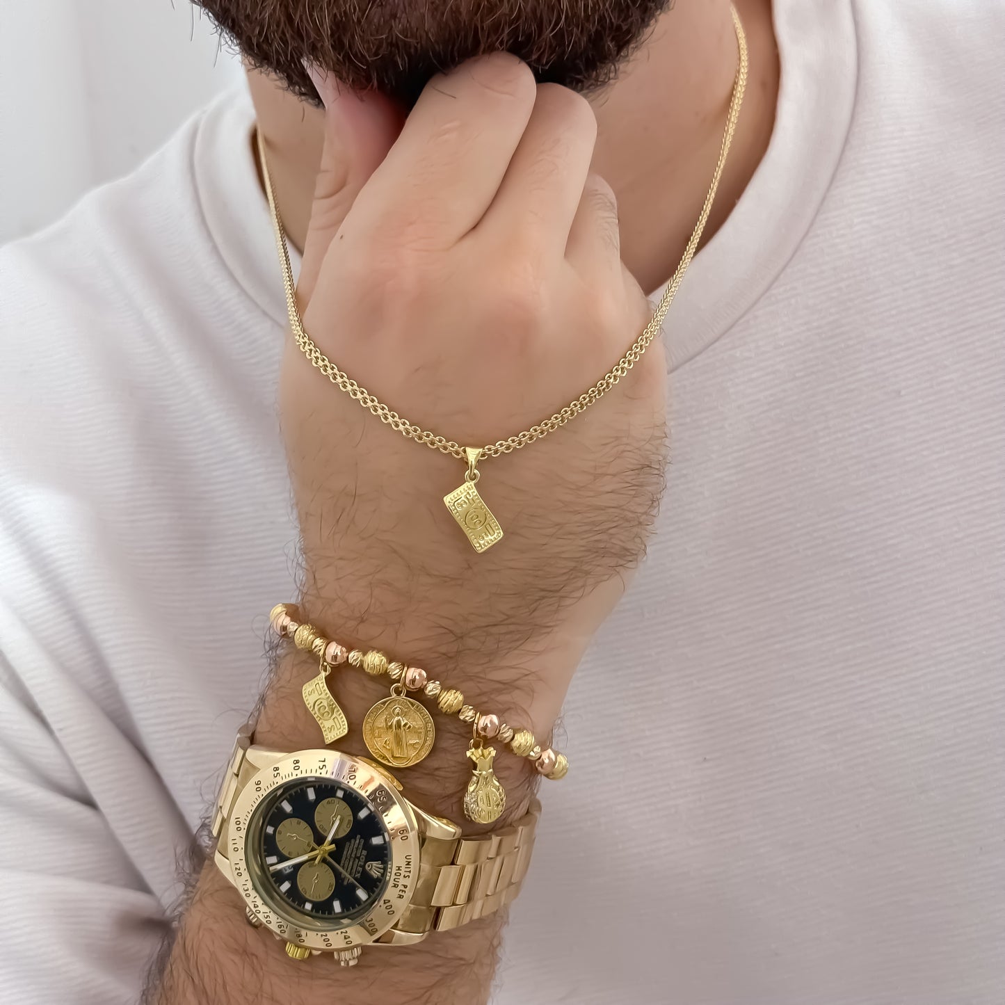 Cadena Tejido Chino de Hombre de 60cm de 3mm de Grosor + Dije de Billete  de Dolar + Pulsera de Abundancia y Proteccion en Oro Laminado 73639318595100118k con Garantia de por vida  + Reloj Rolex de Hombre