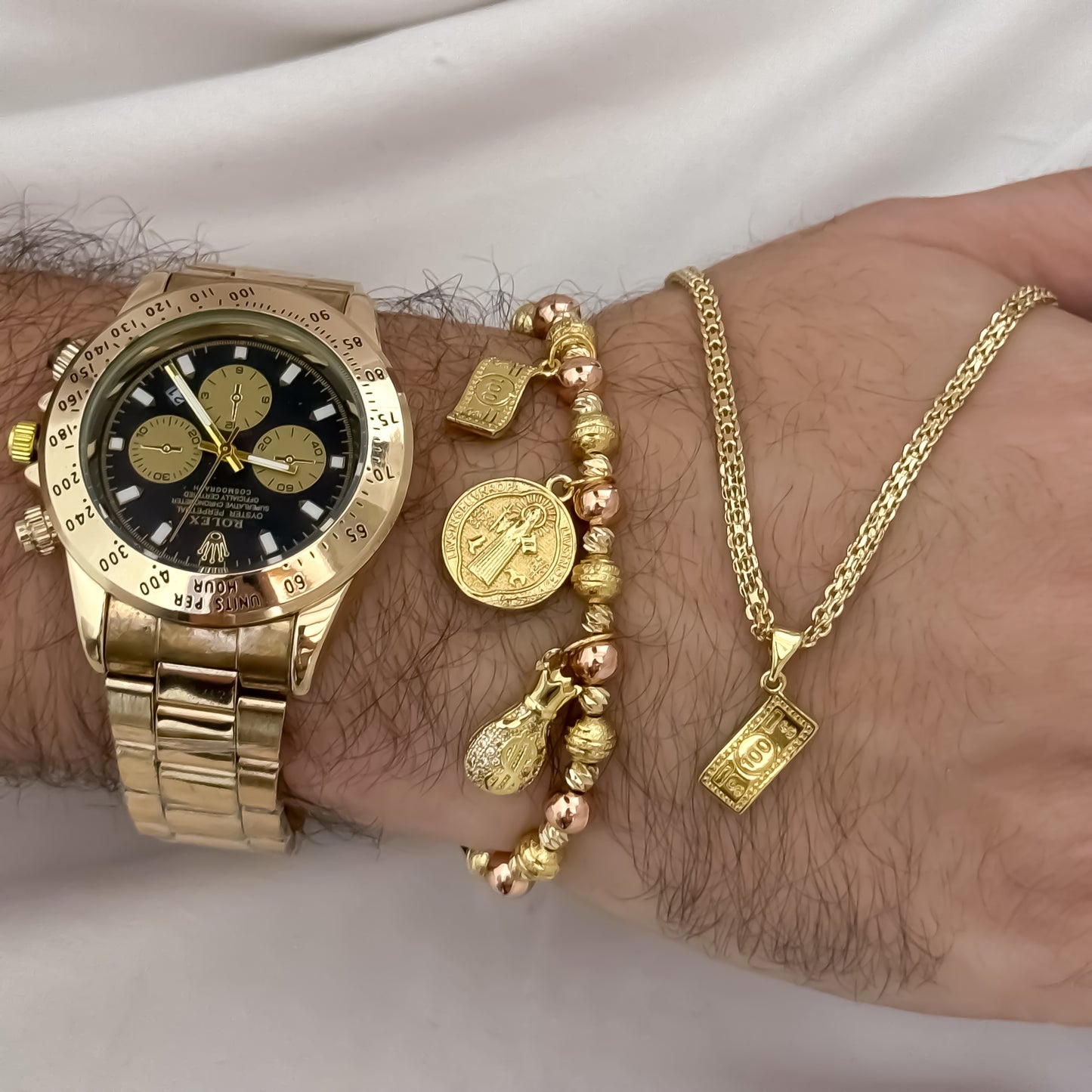 Cadena Tejido Chino de Hombre de 60cm de 3mm de Grosor + Dije de Billete  de Dolar + Pulsera de Abundancia y Proteccion en Oro Laminado 73639318595100118k con Garantia de por vida  + Reloj Rolex de Hombre